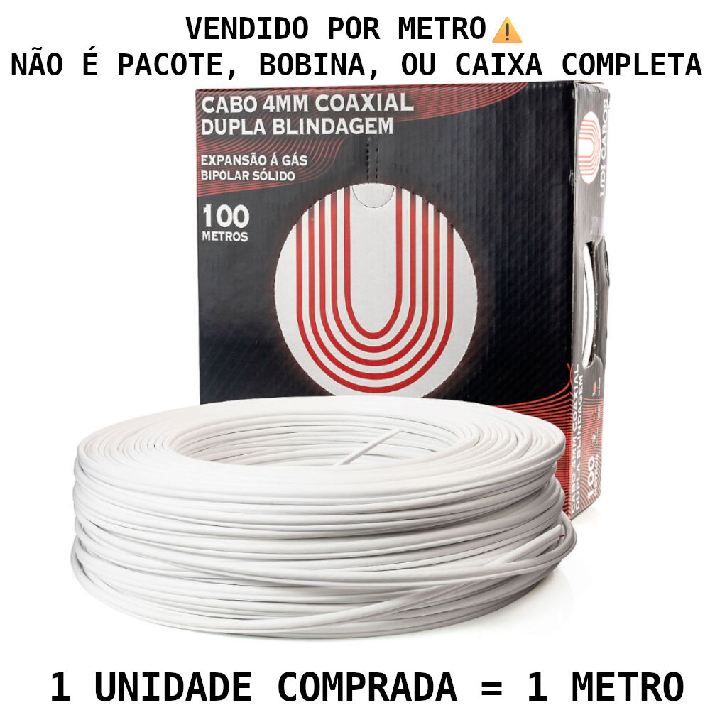 Metro de Cabo Coaxial Bipolar 4mm com Dupla Blindagem, UDI Cabos, Para uso Exterior, Anti-Chama - Branco